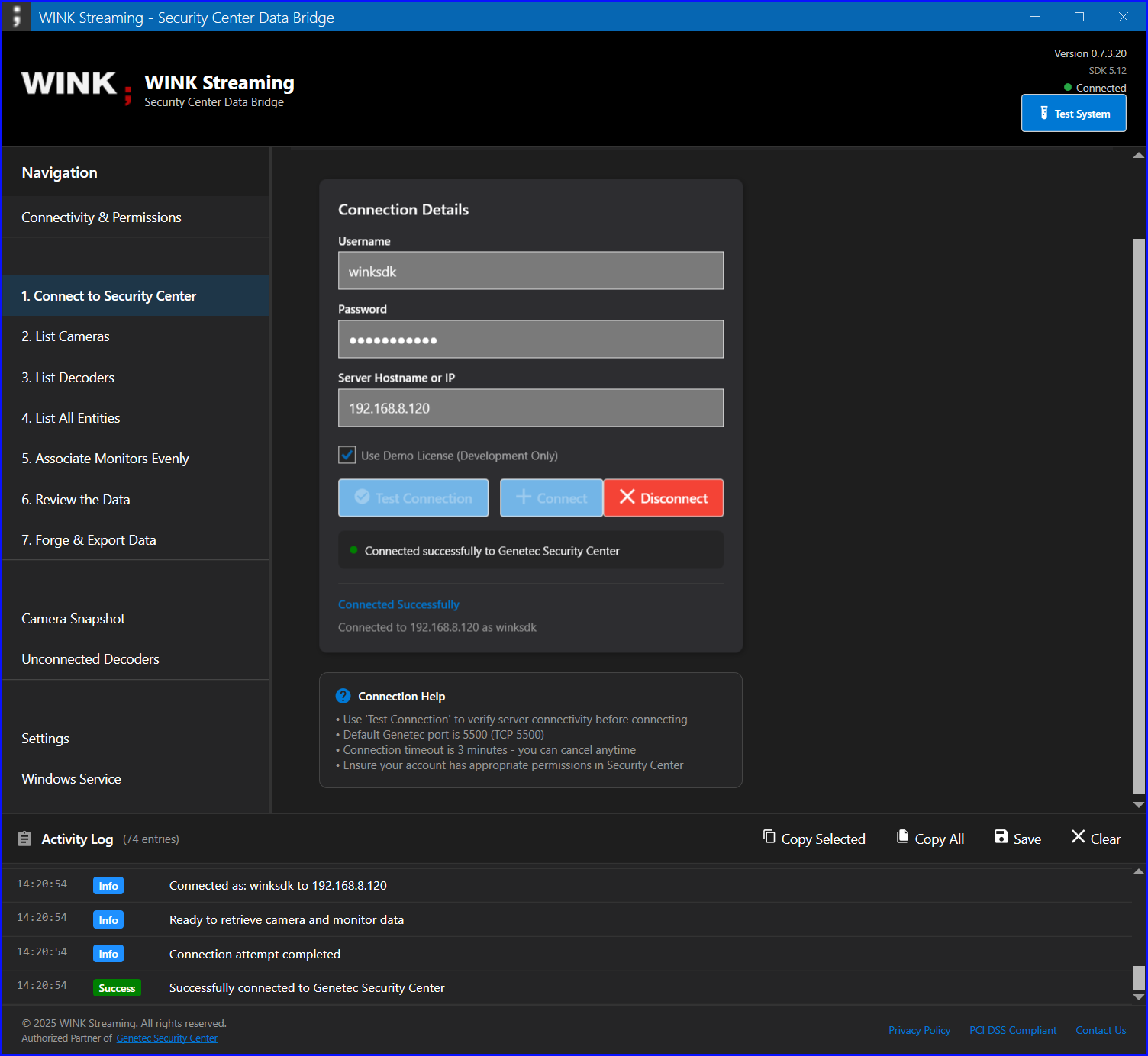 Connect to Security Center Tab