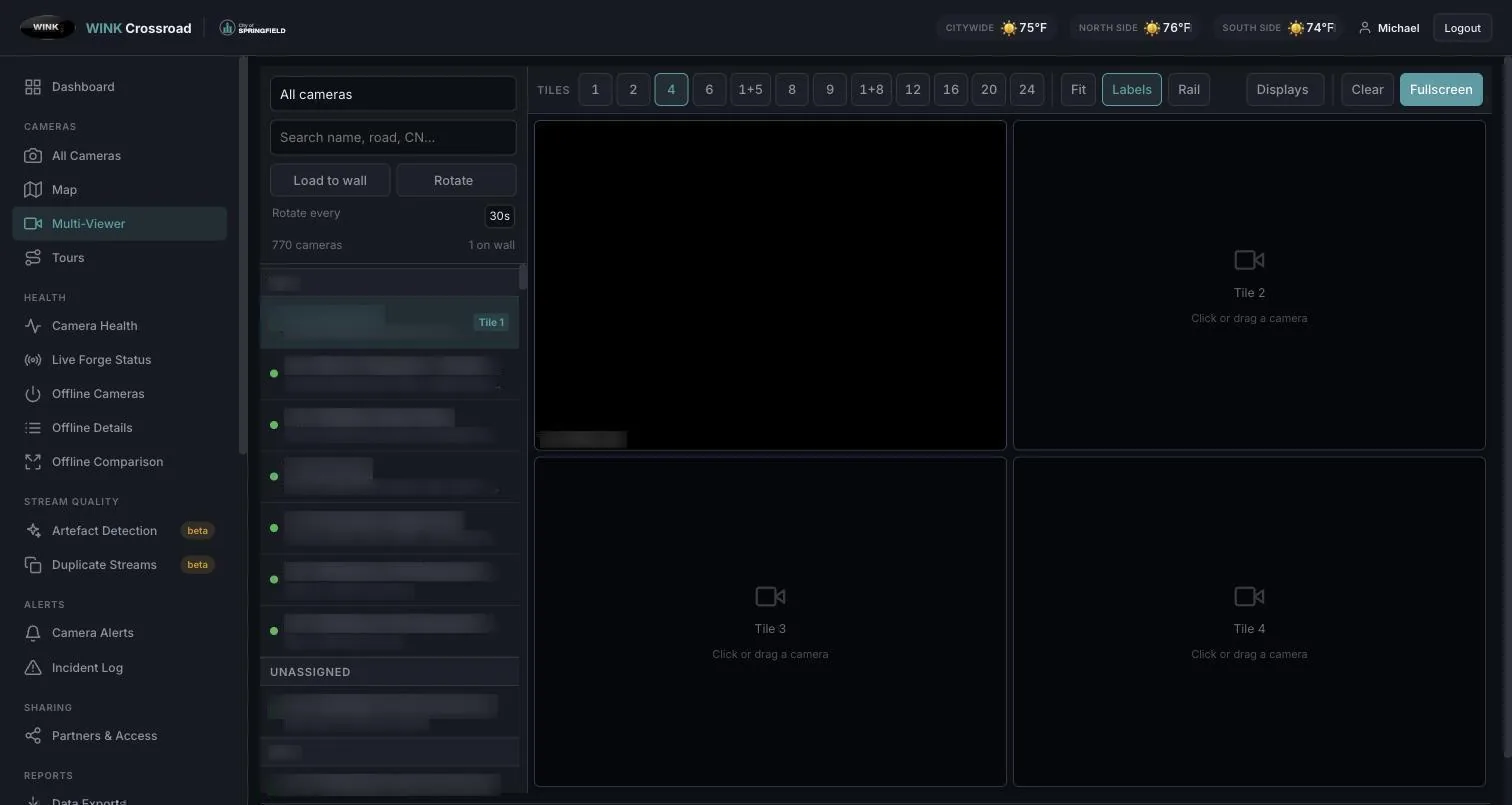 WINK Crossroad Multi-Viewer showing the tile layout selector, a tour-grouped camera list, and a camera assigned to the first tile