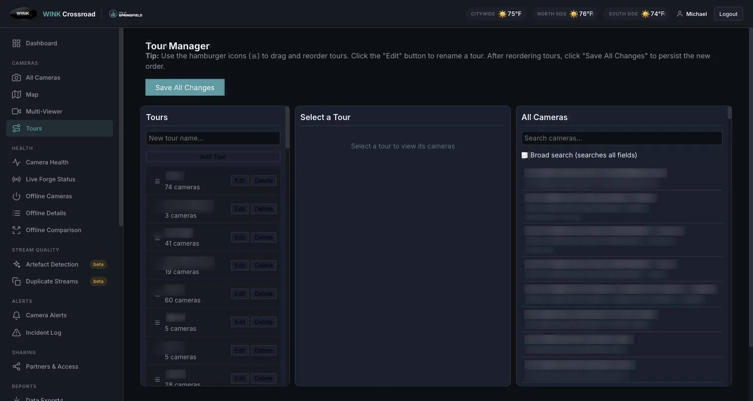 Tour Manager showing named camera routes with camera counts and drag to reorder