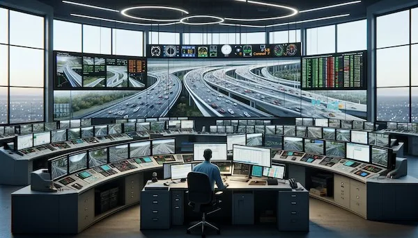 Traffic management center with operators monitoring a wall of live camera feeds