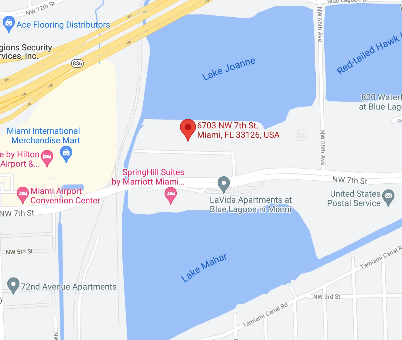 Map showing the WINK Streaming headquarters at 6703 NW 7th Street, Miami, Florida