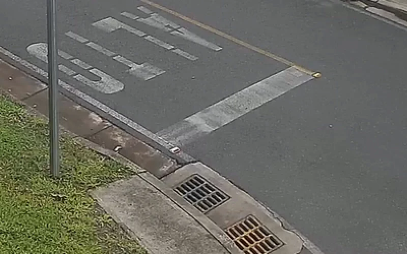 Reference frame crop showing road markings, a yellow centre line and a storm drain