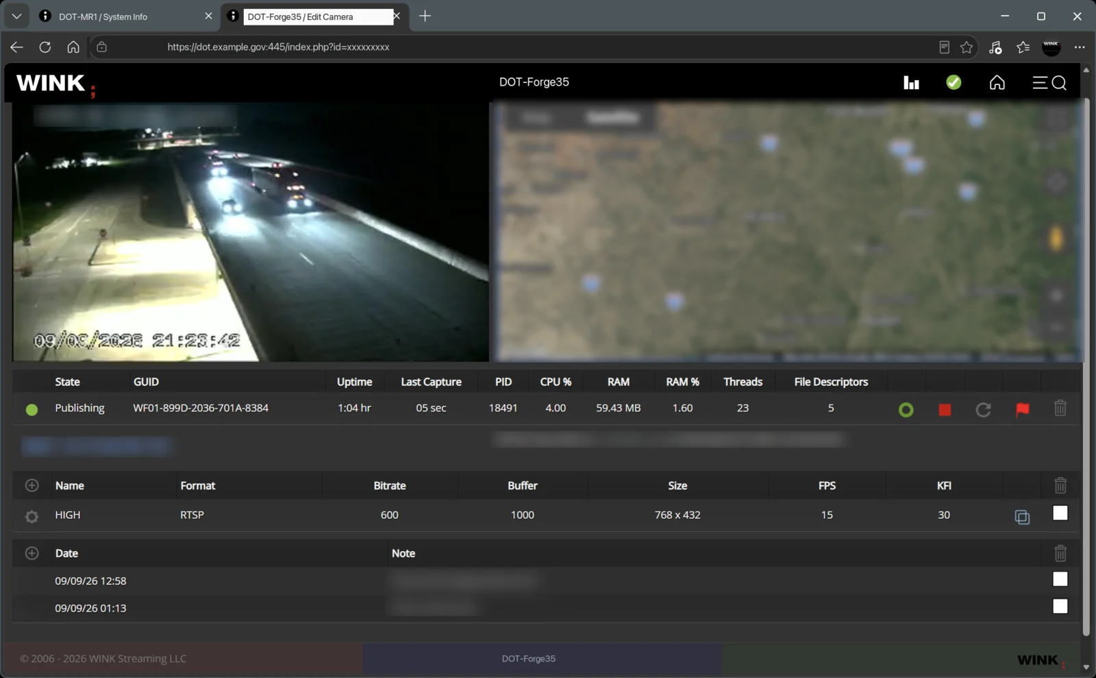 WINK Forge single camera view with live preview, location map, process statistics and output profile settings