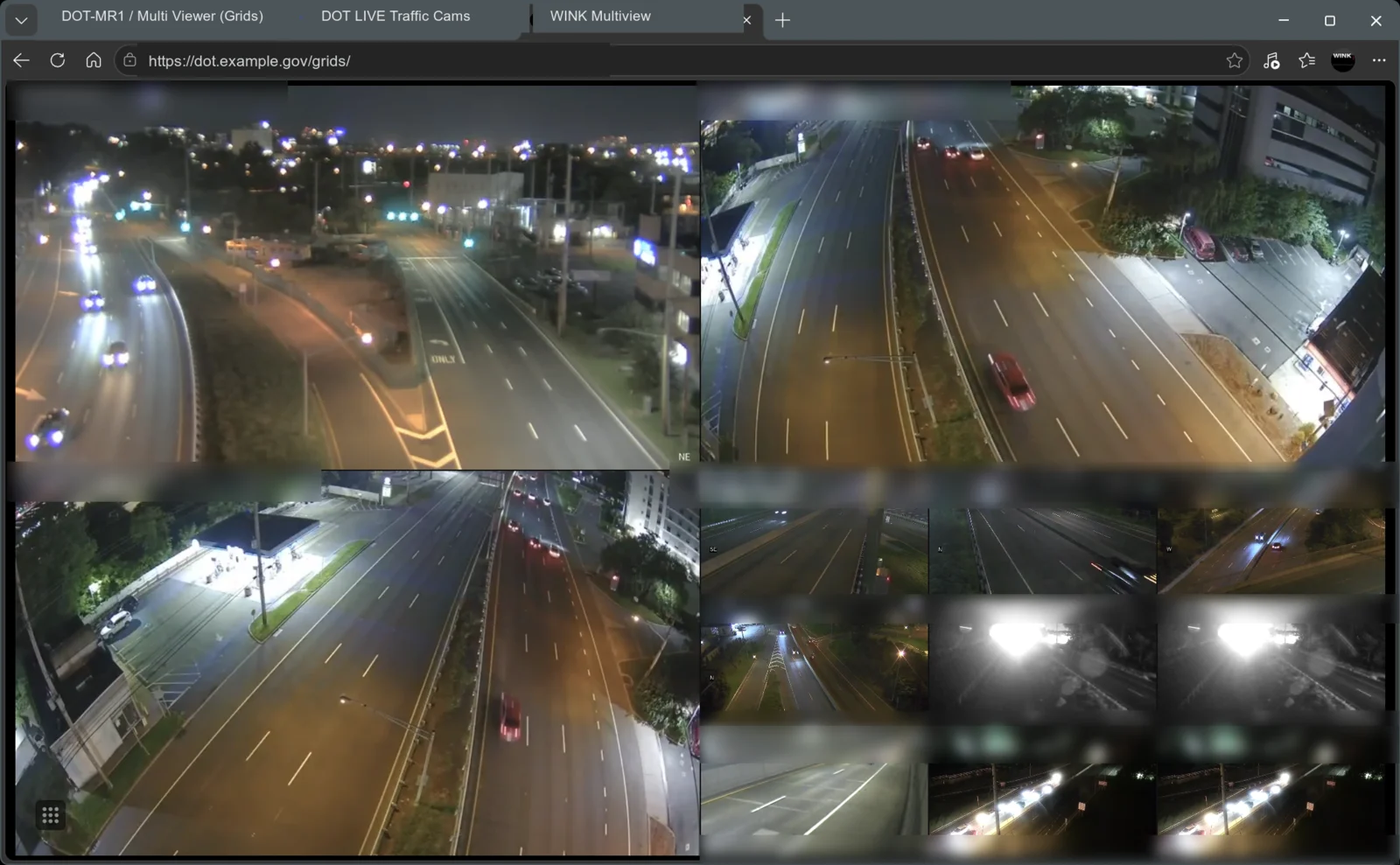 WINK Media Router multiviewer showing a grid of live camera feeds, two large panes above a wall of smaller ones