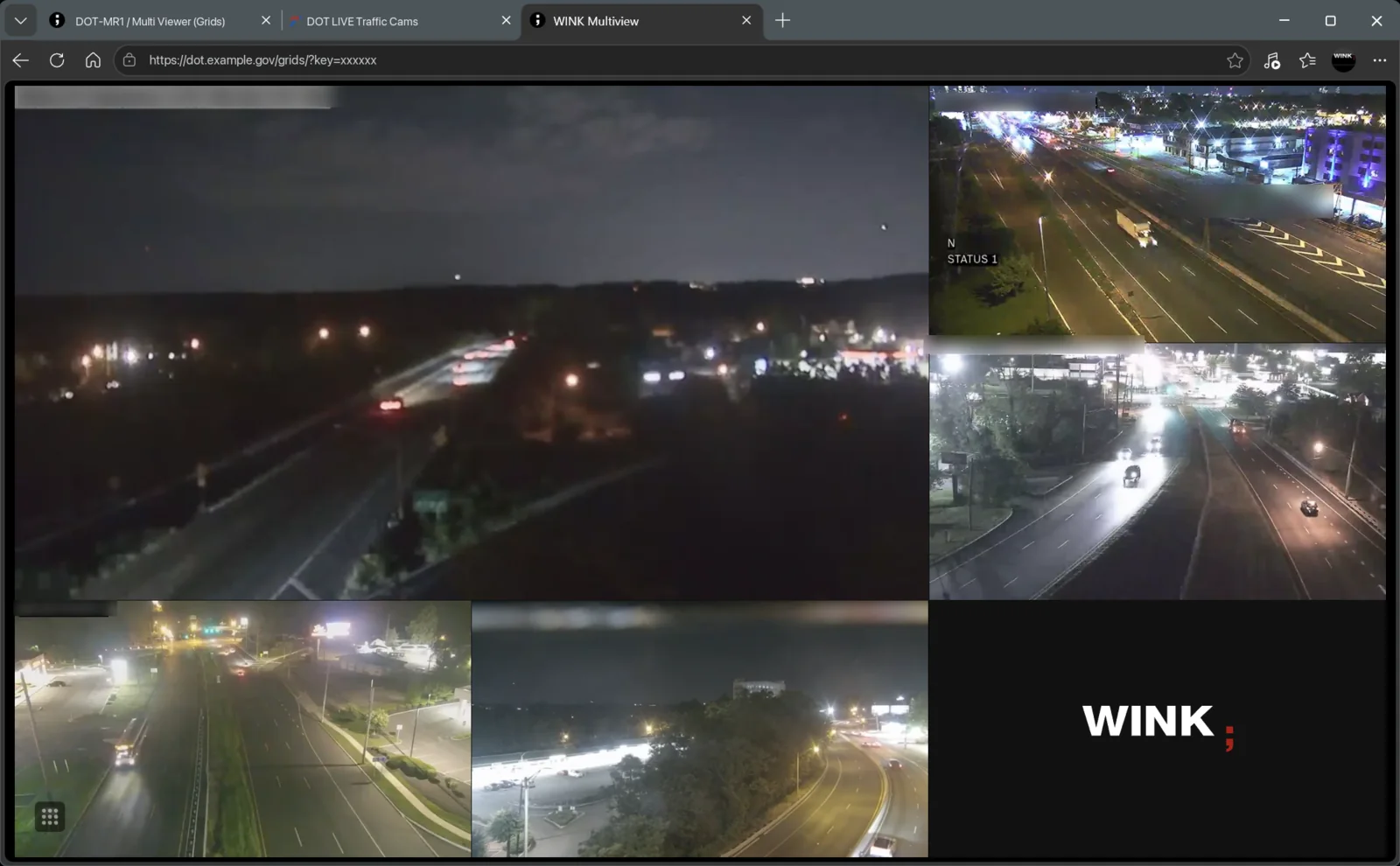 WINK Media Router multi-camera video wall showing five live traffic camera feeds in a browser