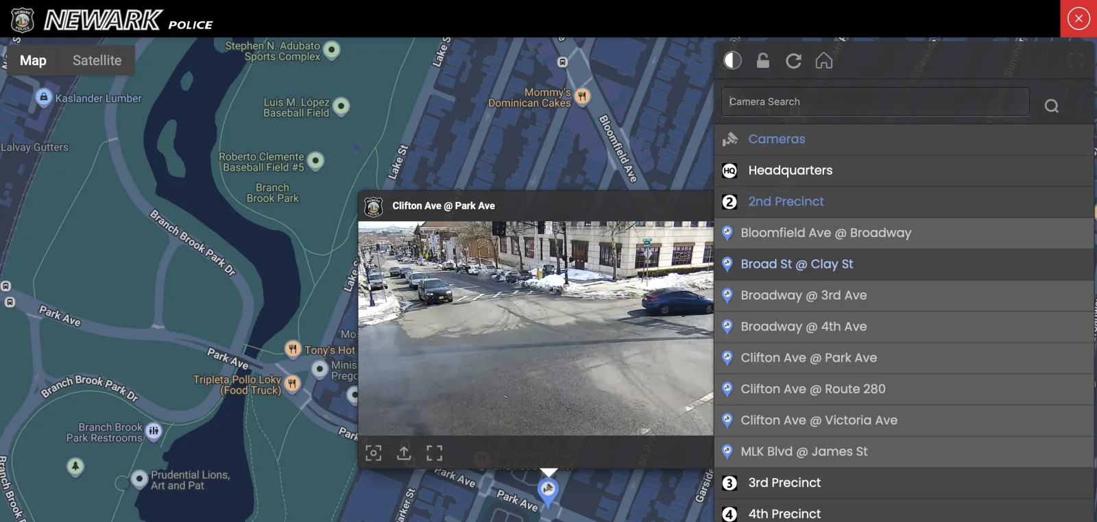 WINK Security Patrol deployed in Newark Police Department showing tactical map and camera feeds