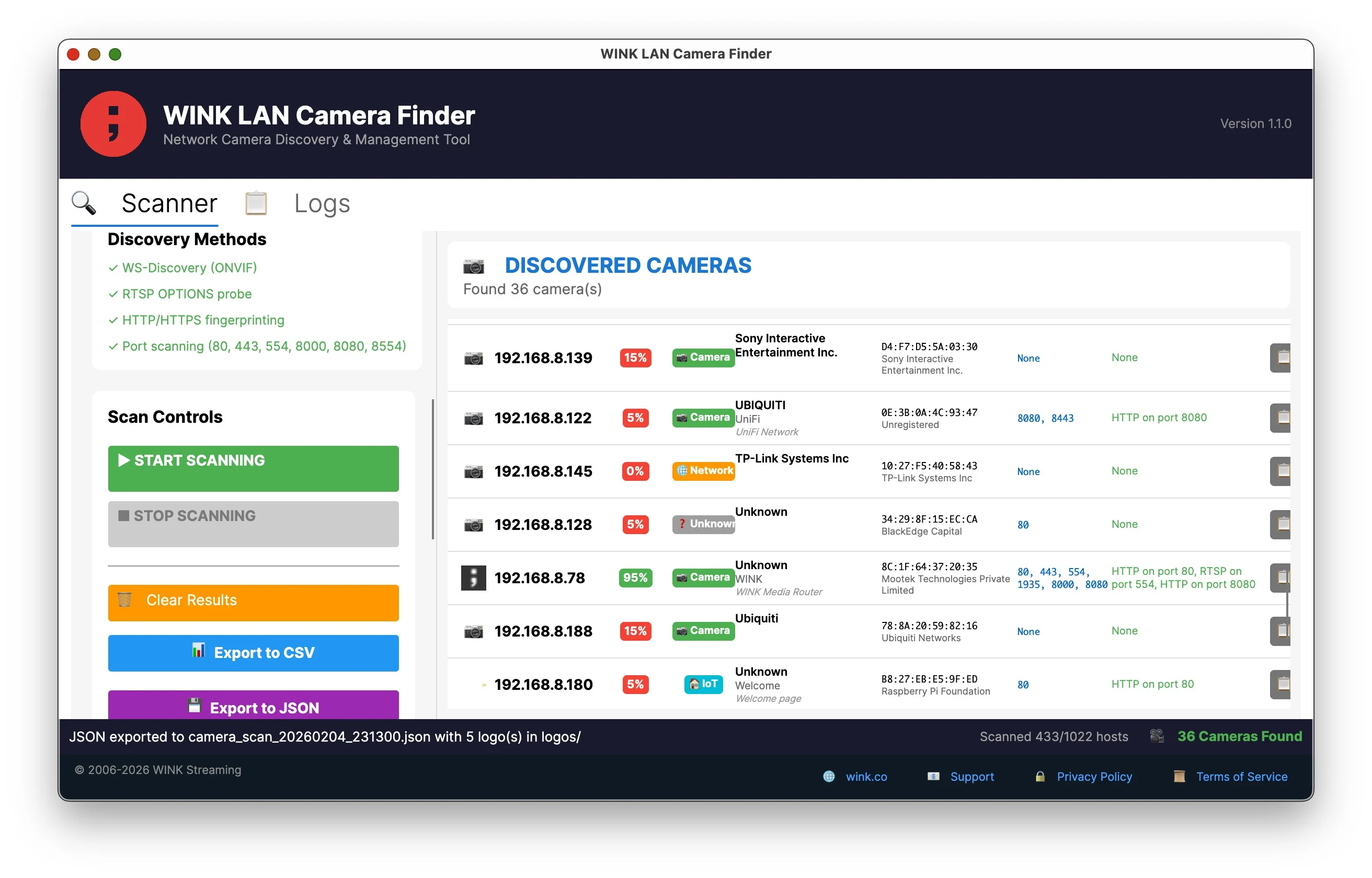 WINK LAN Camera Finder ready to scan with network configuration