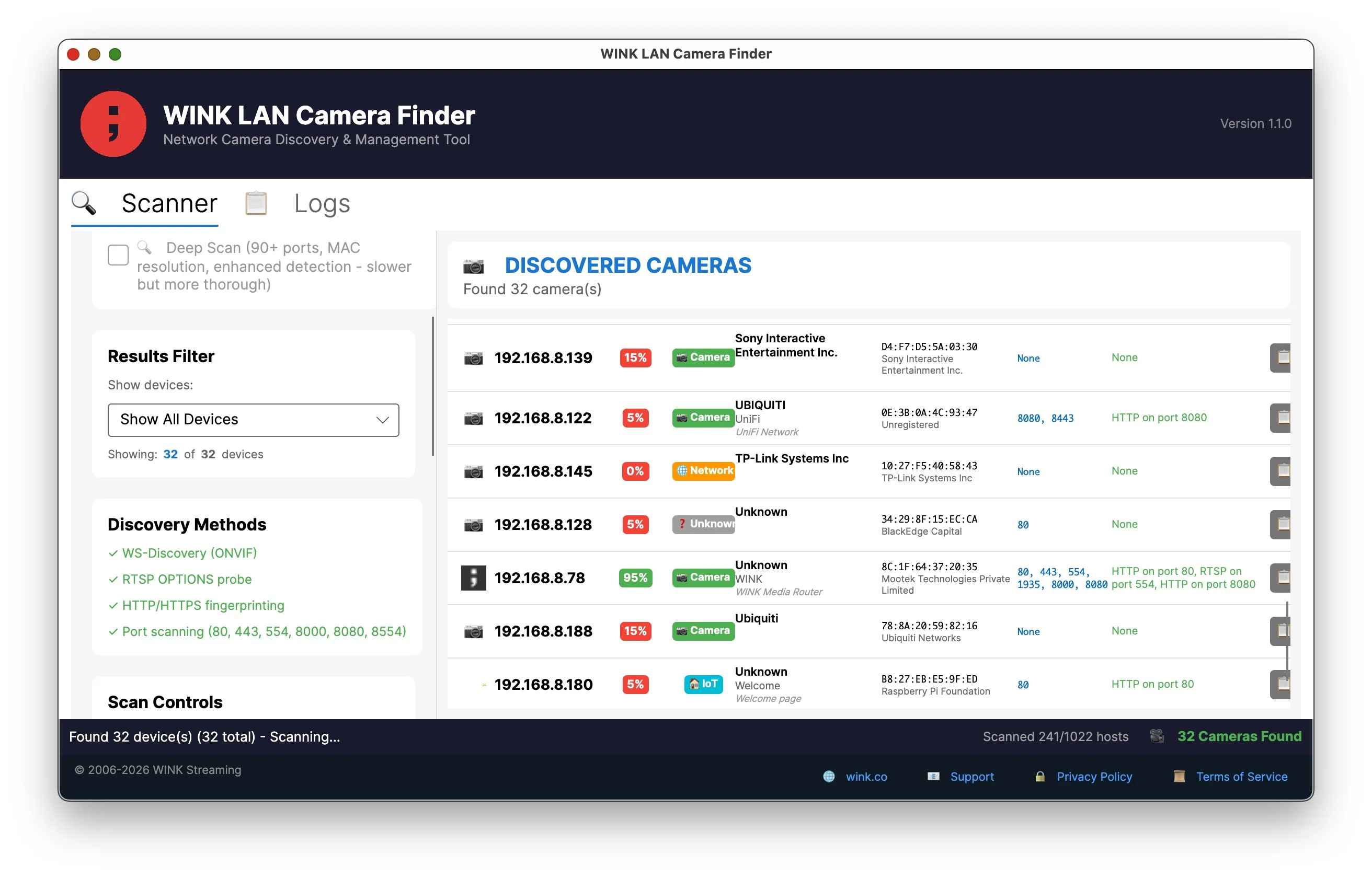 Scanning in progress with ONVIF cameras discovered