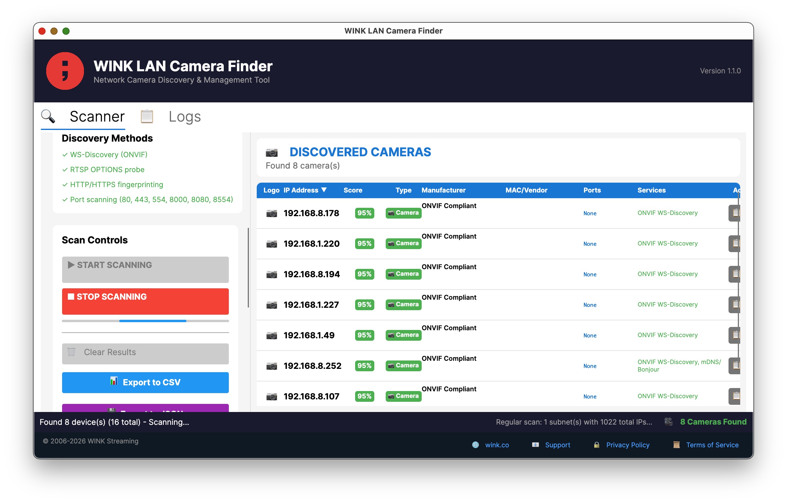 WINK LAN Camera Finder V1.1 showing device types and confidence scores
