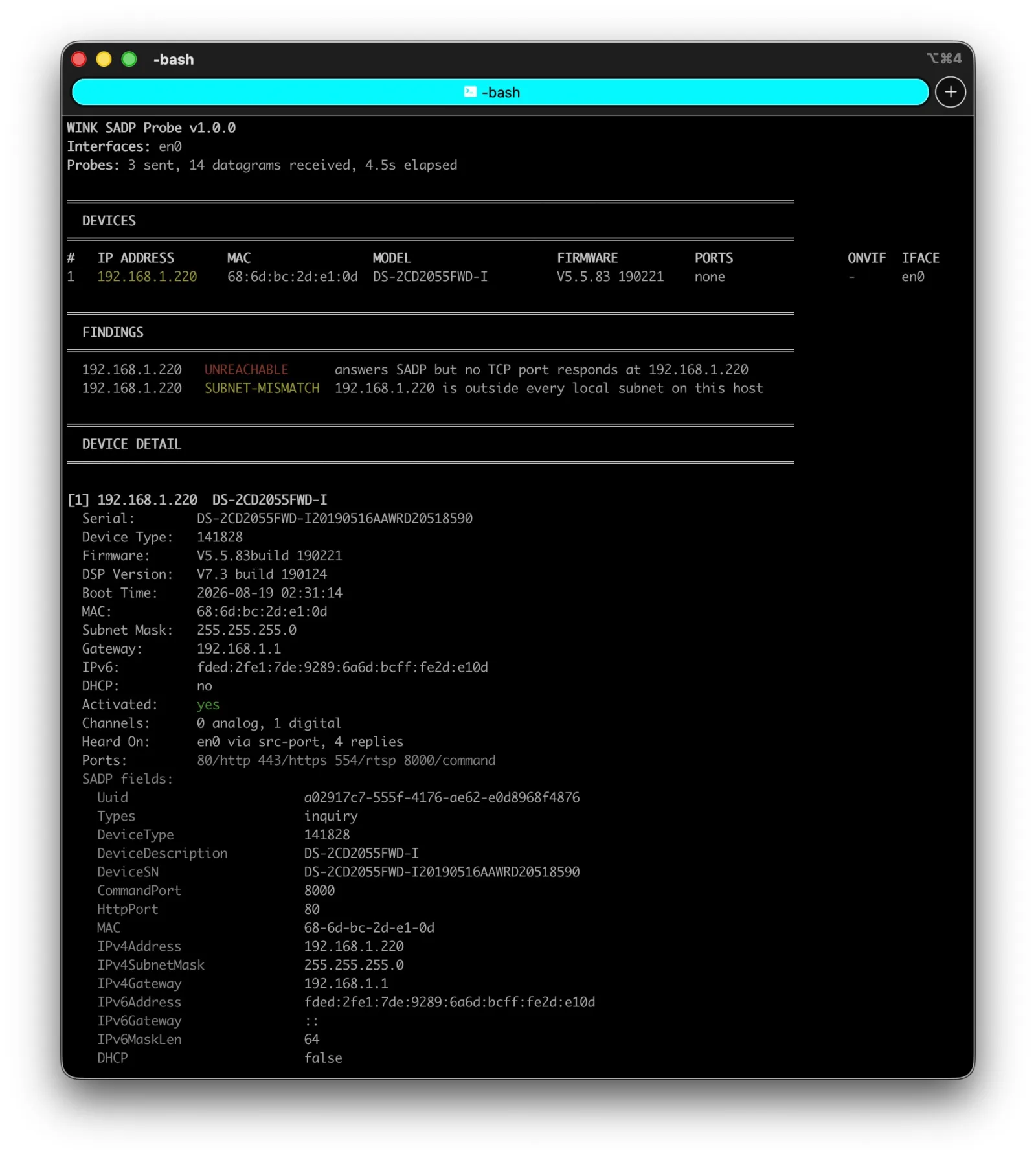 WINK SADP Probe inspecting a single device, showing findings for unreachable and subnet mismatch, then full device detail including serial, firmware, DSP version, addressing, activation state and raw SADP fields