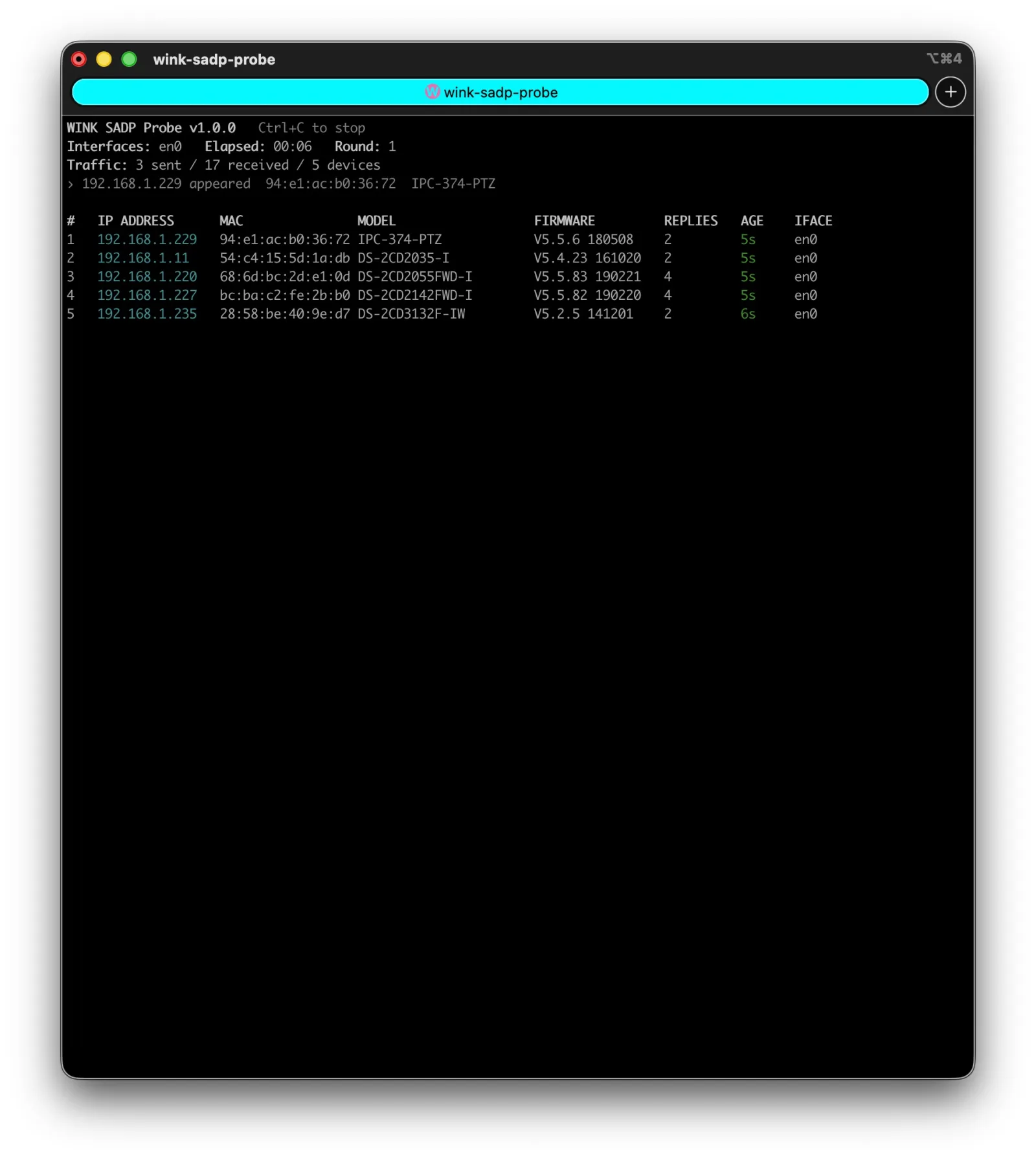 WINK SADP Probe in watch mode showing a device appearing on the segment and a live table of five cameras with reply counts and how recently each was heard