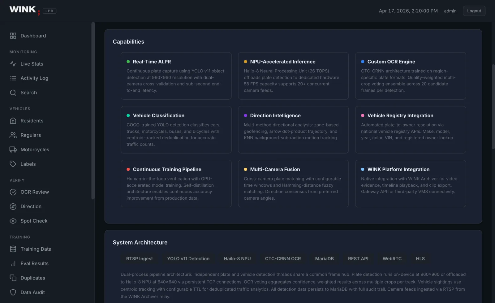 Capabilities screen listing real time ALPR, NPU accelerated inference, custom OCR engine, vehicle classification, direction intelligence, registry integration, training pipeline, multi camera fusion, and platform integration