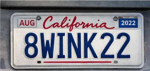 California license plate reading 8WINK22
