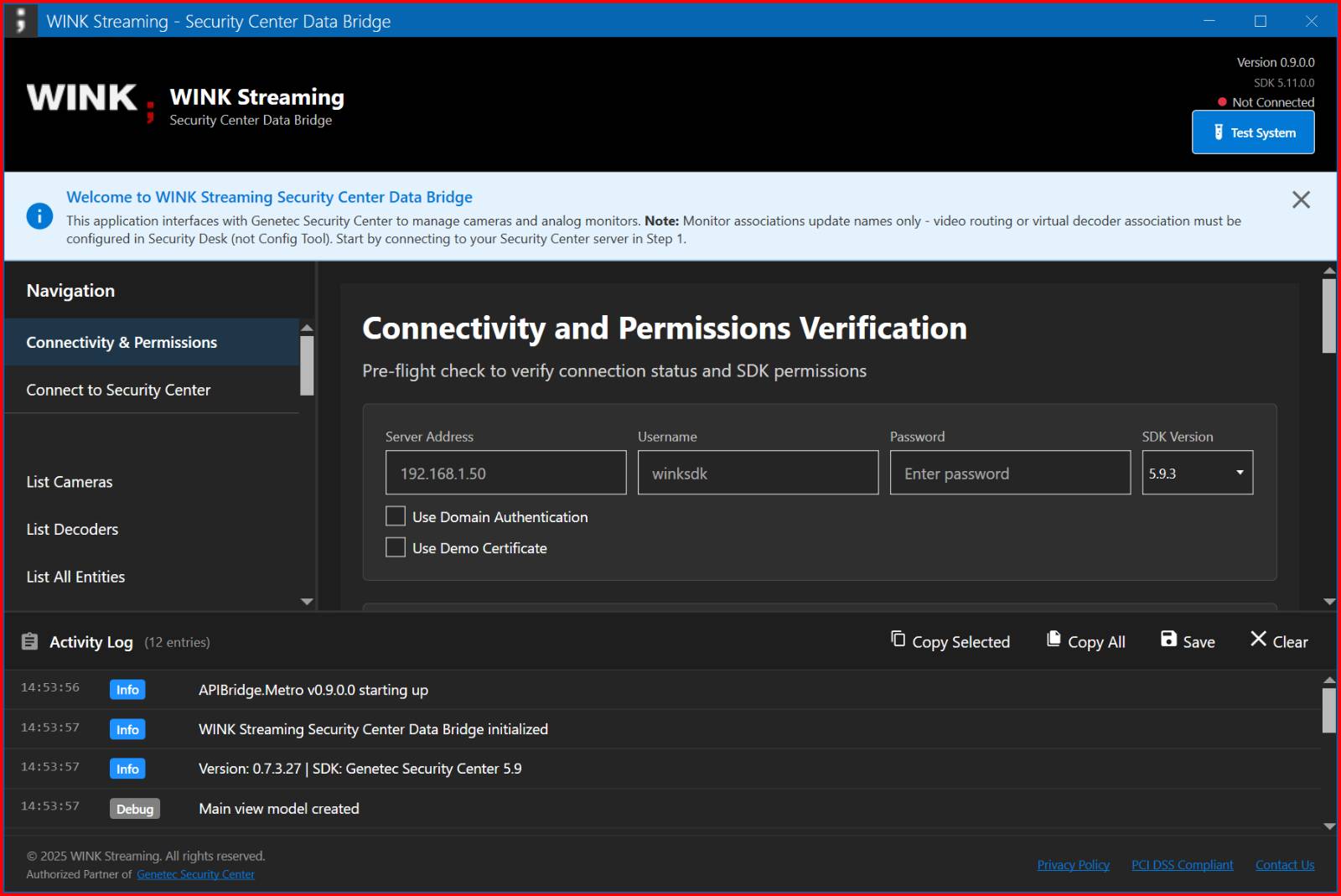 Connectivity and Permissions view — v0.9.0.0